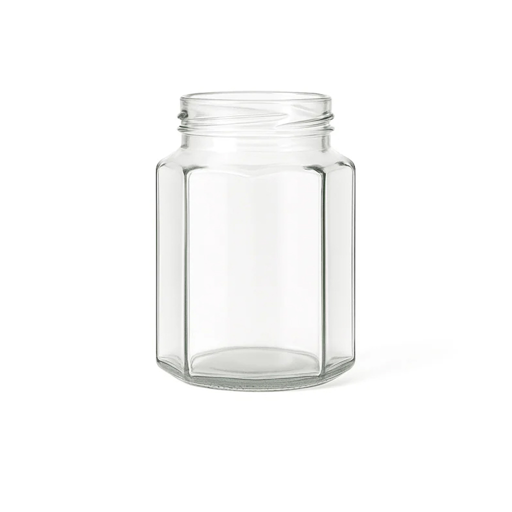 Clear glass hexagonal food jar